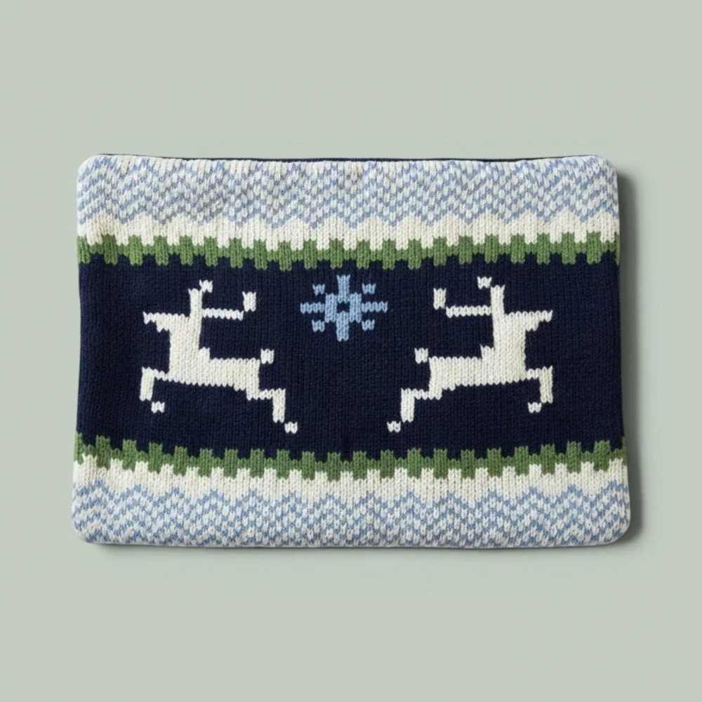 Garnet Hill Reindeer Pillow Cover 12x16 Navy Green Knit Wool Fair Isle NWT